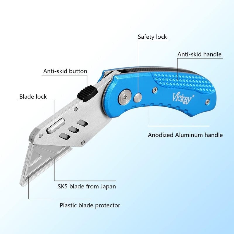Vickay Folding Utility Knife Heavy Duty Box Cutter with 5 SK5 Quick Change Blades, Safety Axis Lock Design Razor Knife, Lightweight Aluminum Body Belt Clip for Office - Image 2